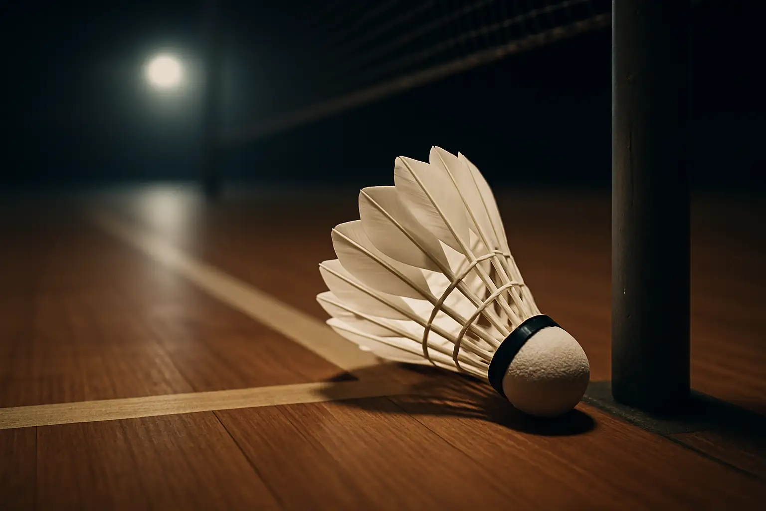Badminton shuttlecock and racket on a well-lit indoor court