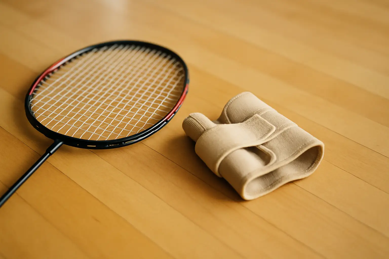 A badminton racket resting next to a wrist brace on a wooden court floor