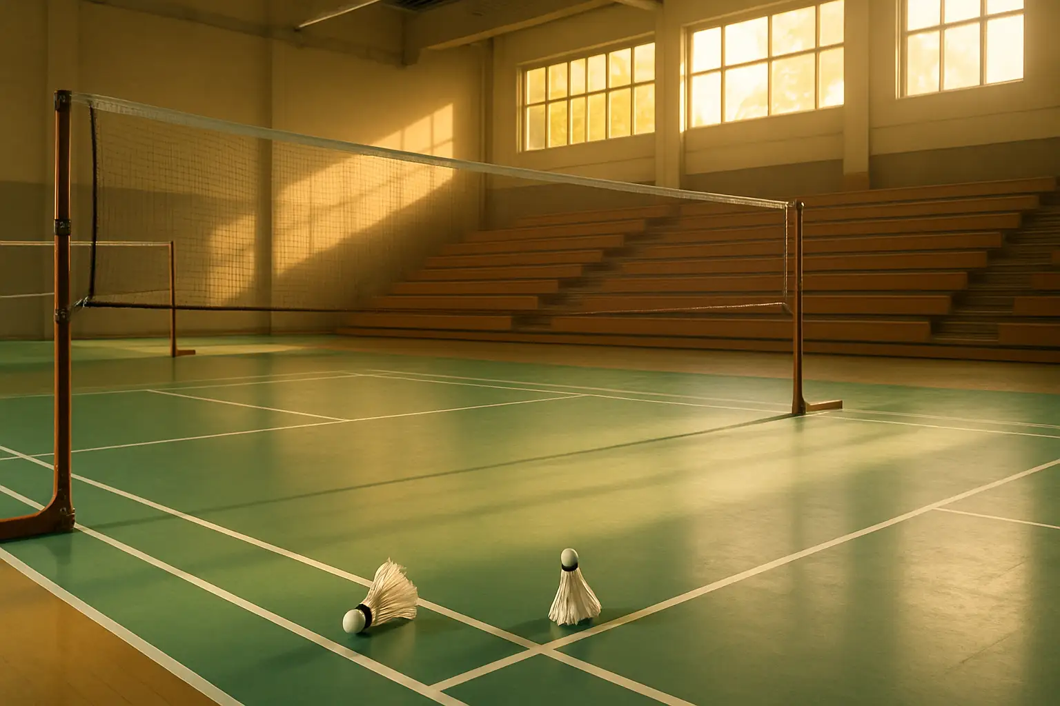 Badminton shuttlecock and rackets on an indoor court in a Pacific island sports facility