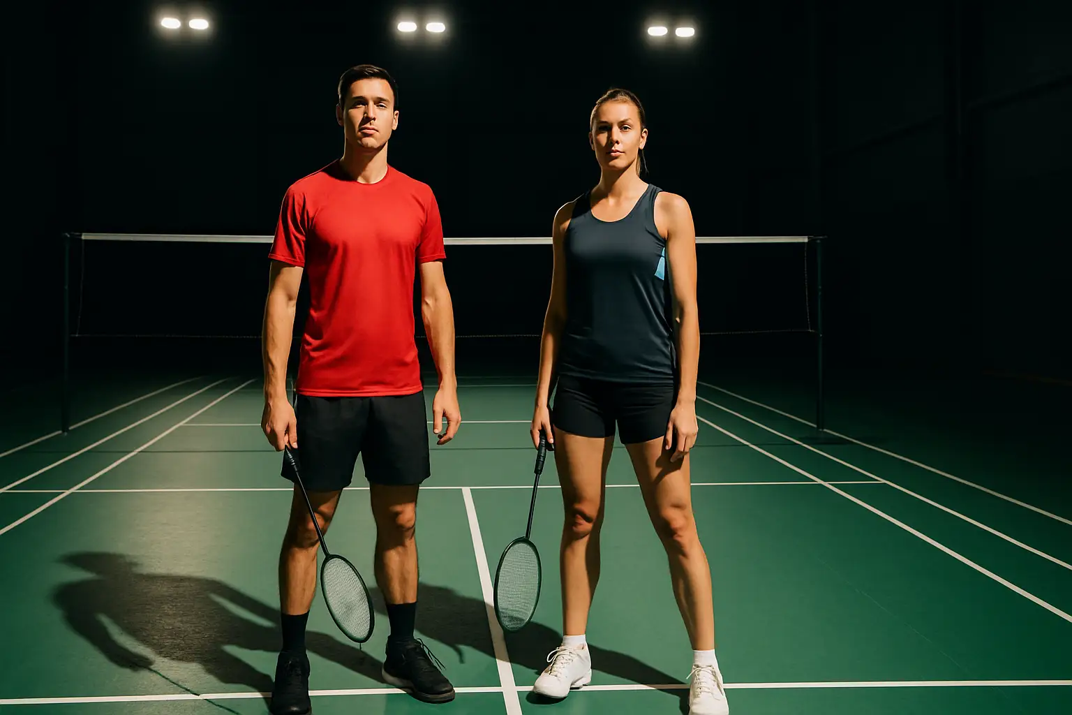 Two badminton players standing side by side on an indoor court, rackets in hand, ready to compete