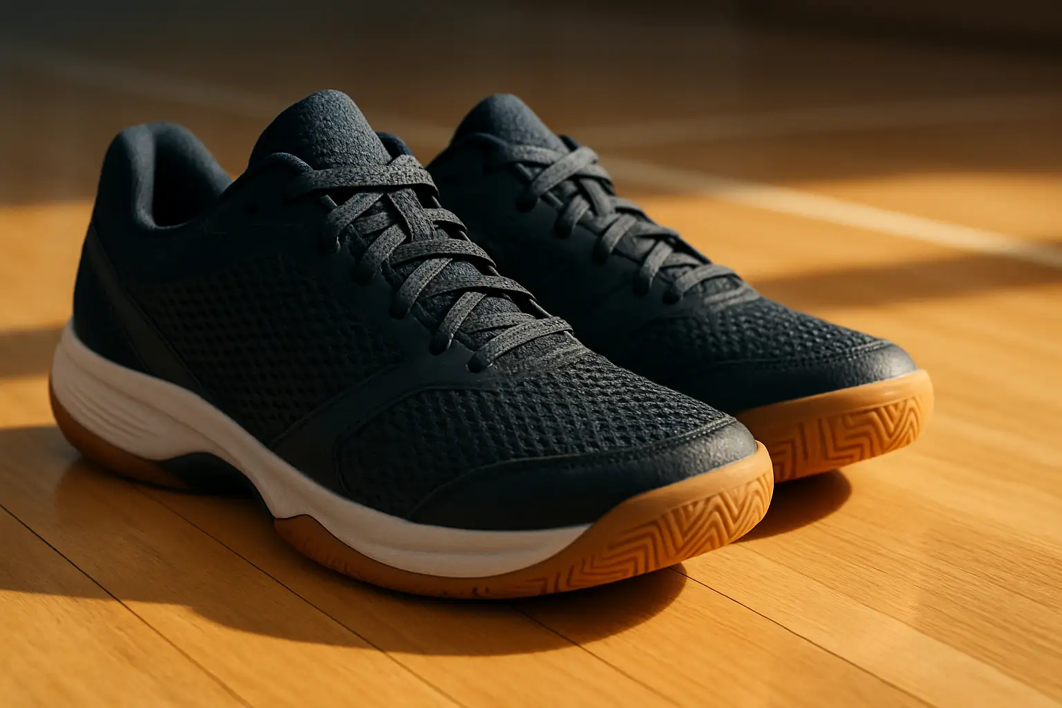 A pair of lightweight indoor court shoes on a wooden badminton court surface