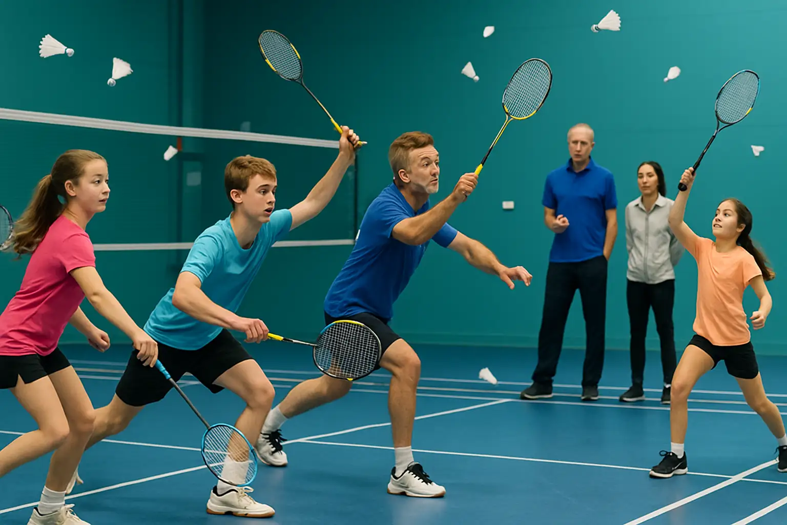 Players practicing badminton drills during a community skills clinic on an indoor court
