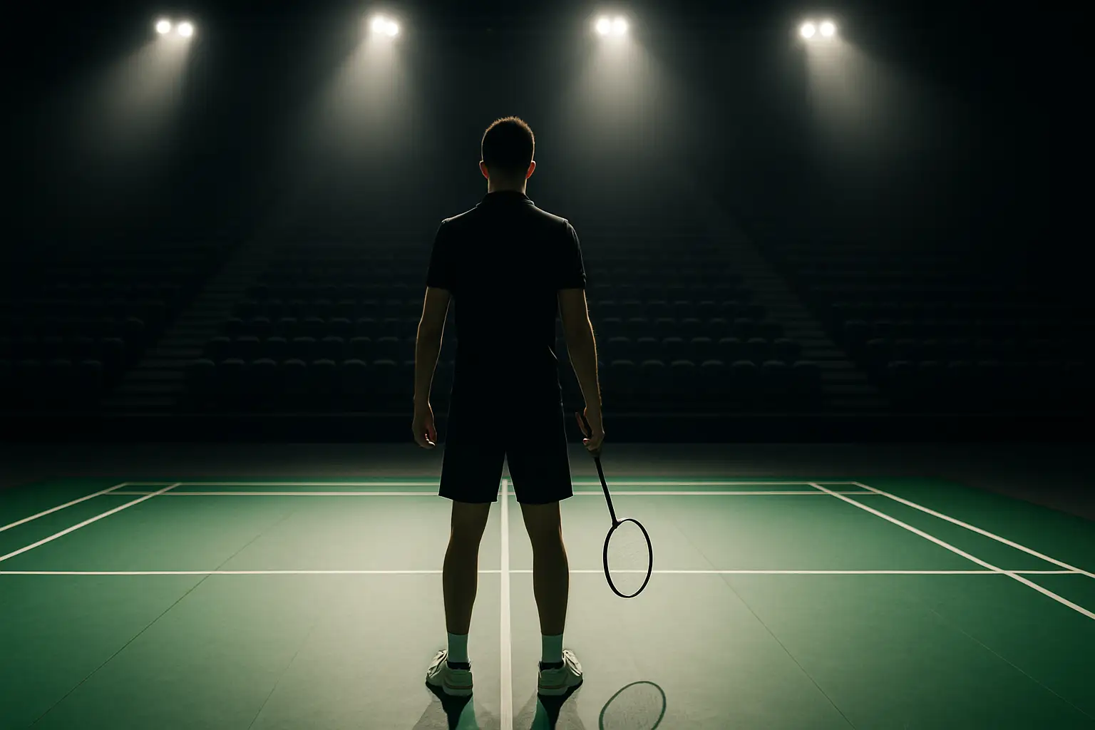A badminton player preparing to serve on an indoor court in Japan