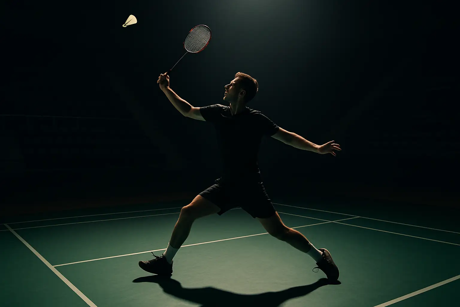 Badminton player mid-smash on an indoor court under bright arena lights