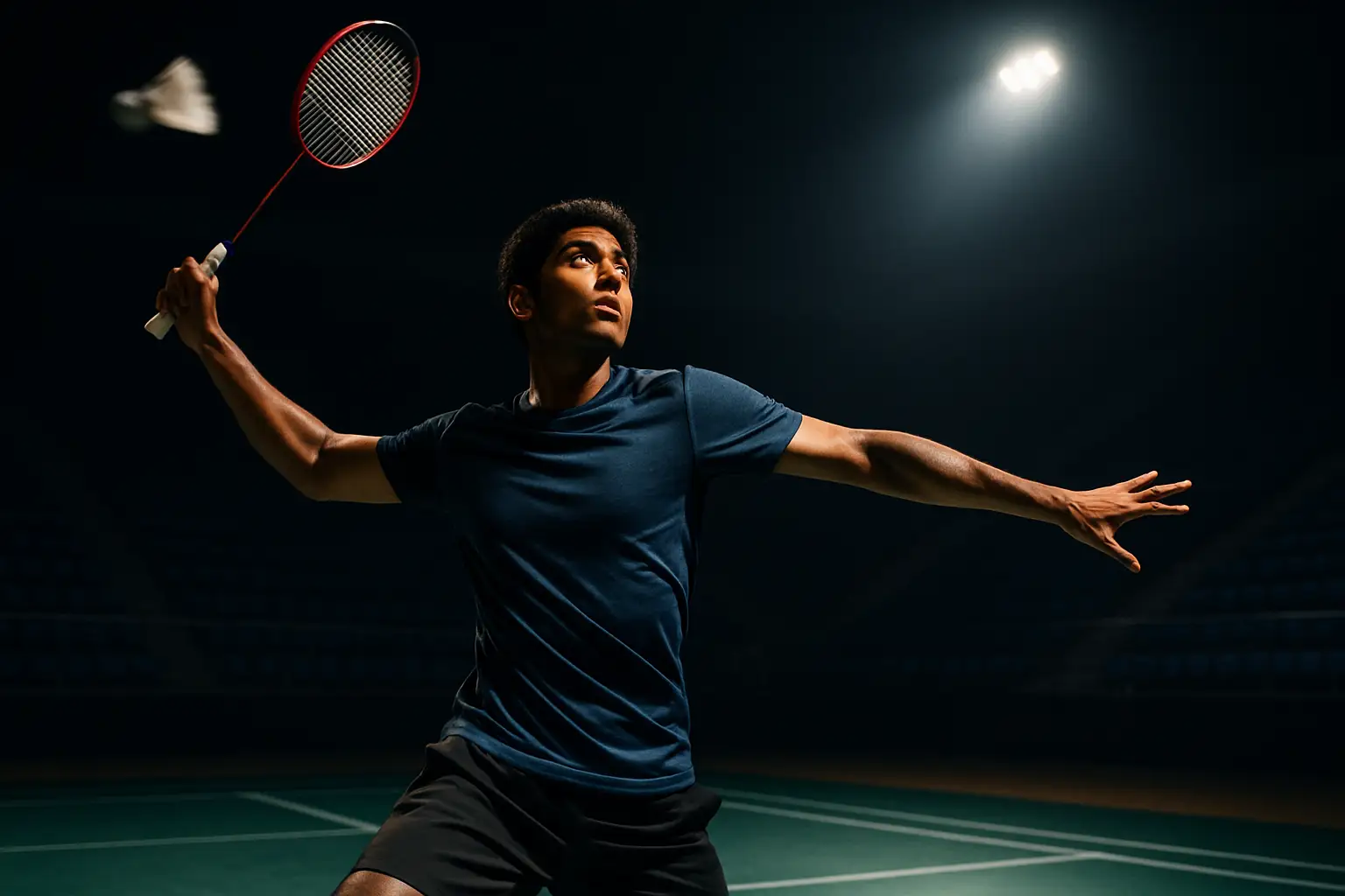 Young Indian badminton player practicing smash on an indoor court under bright lights
