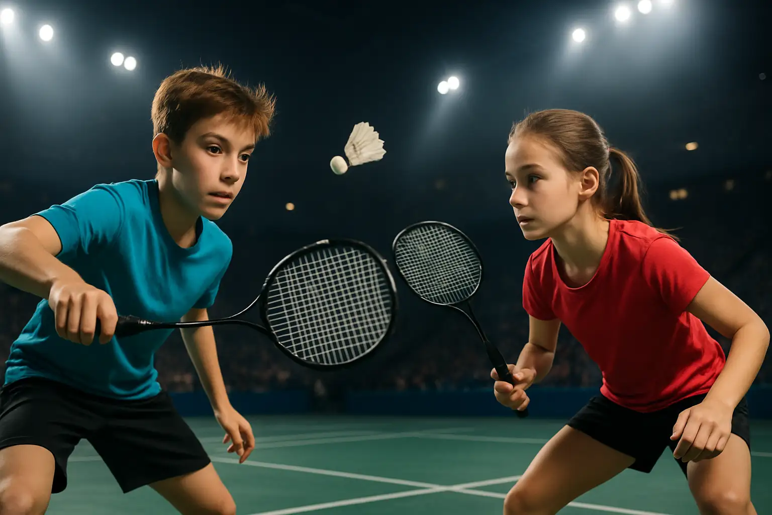 Young badminton players competing in a stadium during an Asia junior championship match