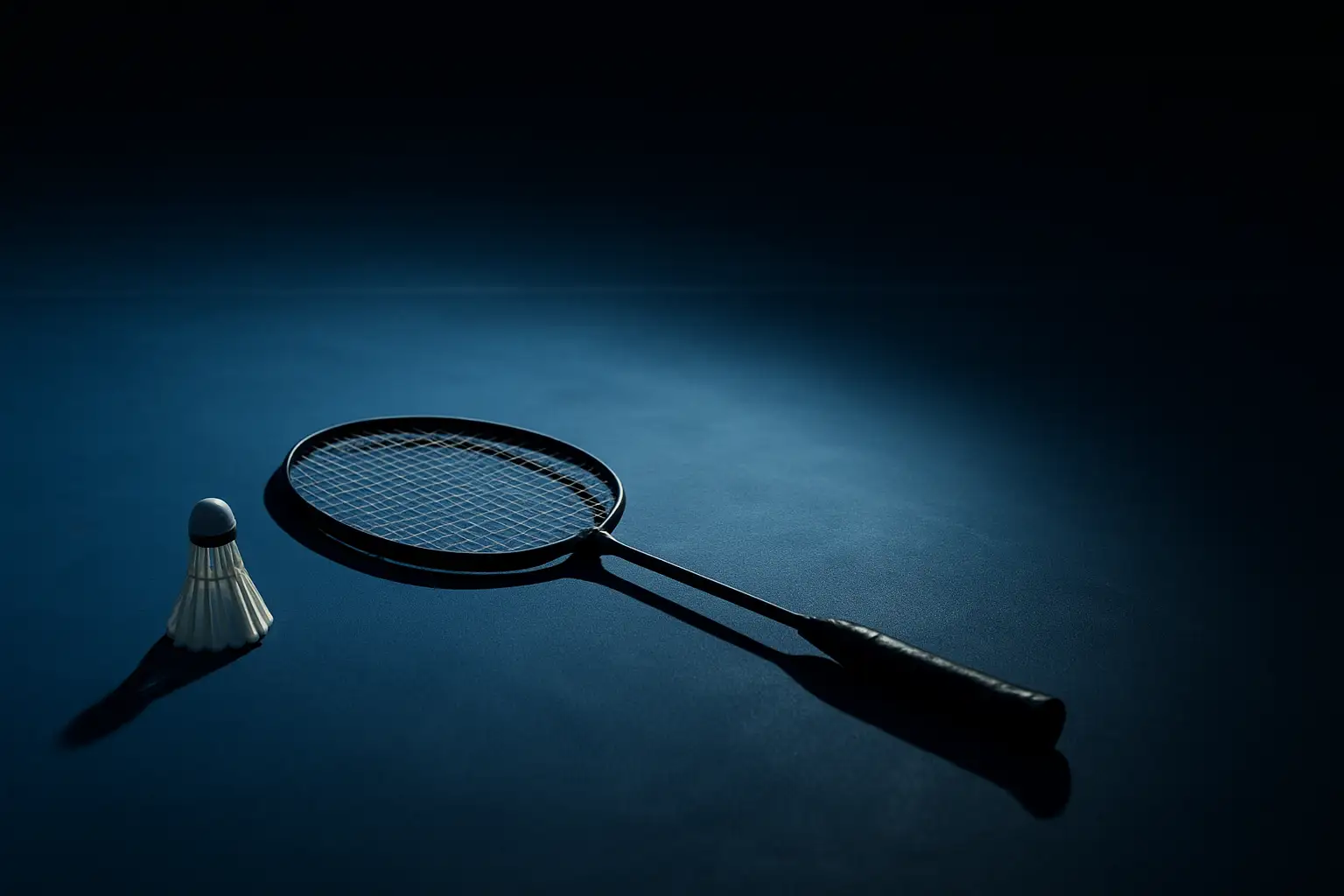 A badminton racket and shuttlecock on a court with dramatic lighting suggesting tension and uncertainty