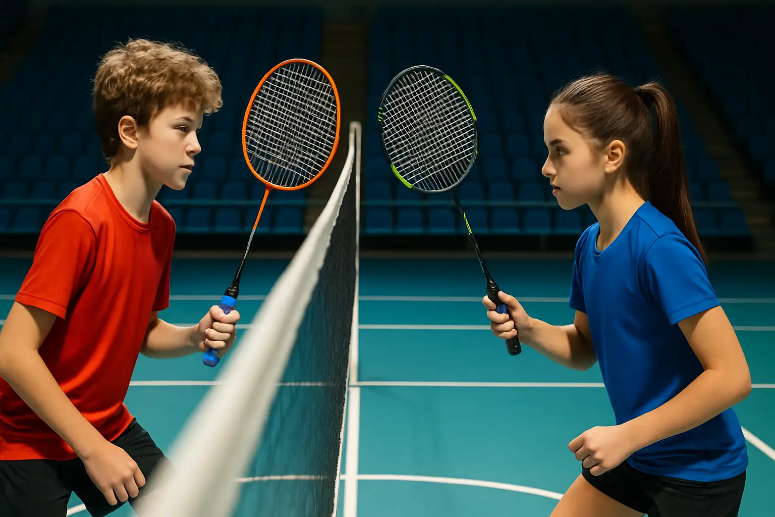 Young badminton players competing in a junior tournament on an indoor court