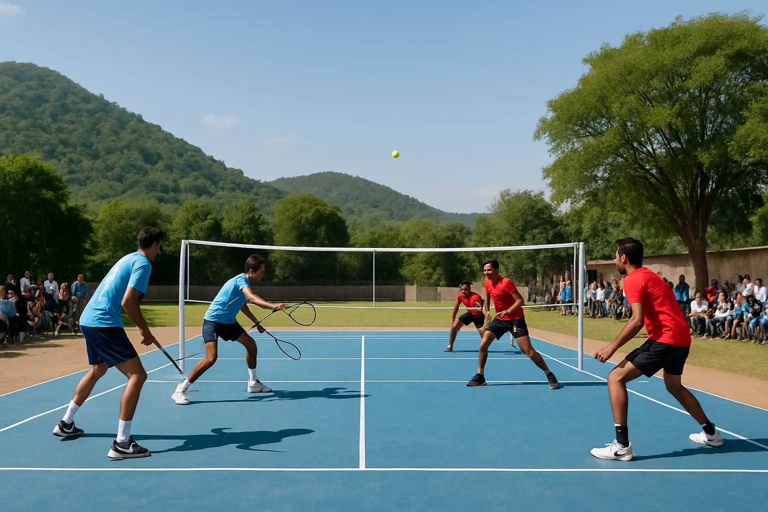 Players competing in a ball badminton match on an outdoor court in a district-level championship setting