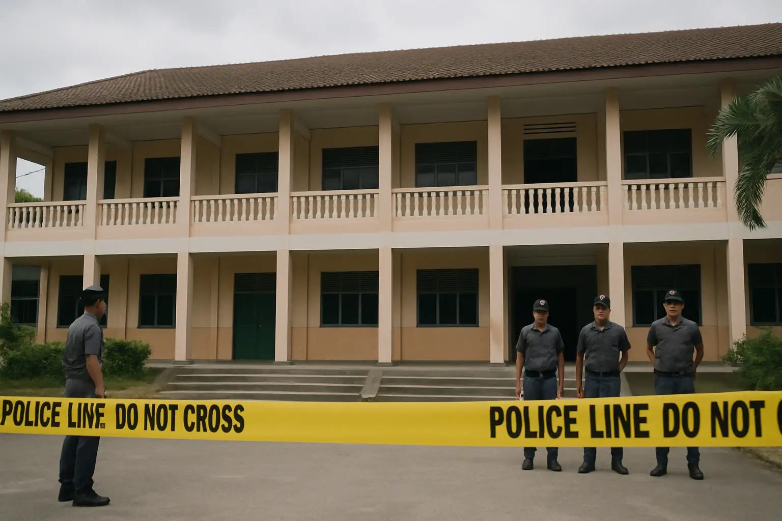 Police tape outside a school building in Malaysia during a criminal investigation