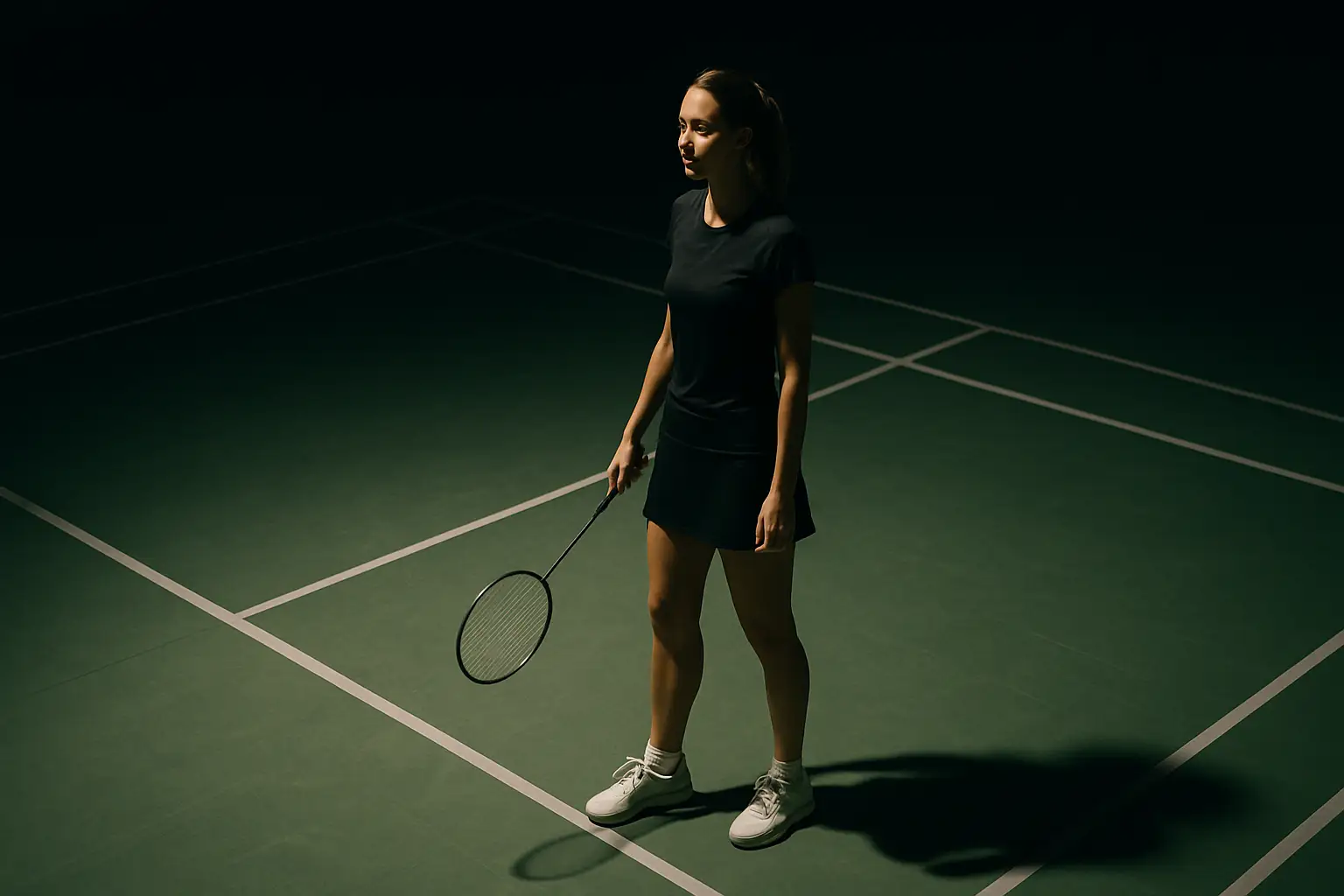 A badminton player preparing to serve on an indoor court with stadium lighting
