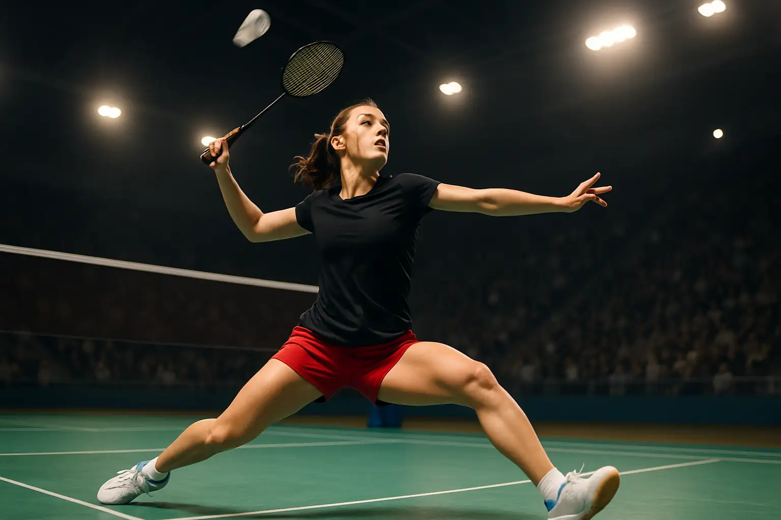 Young female badminton player mid-swing on an indoor court during a junior tournament