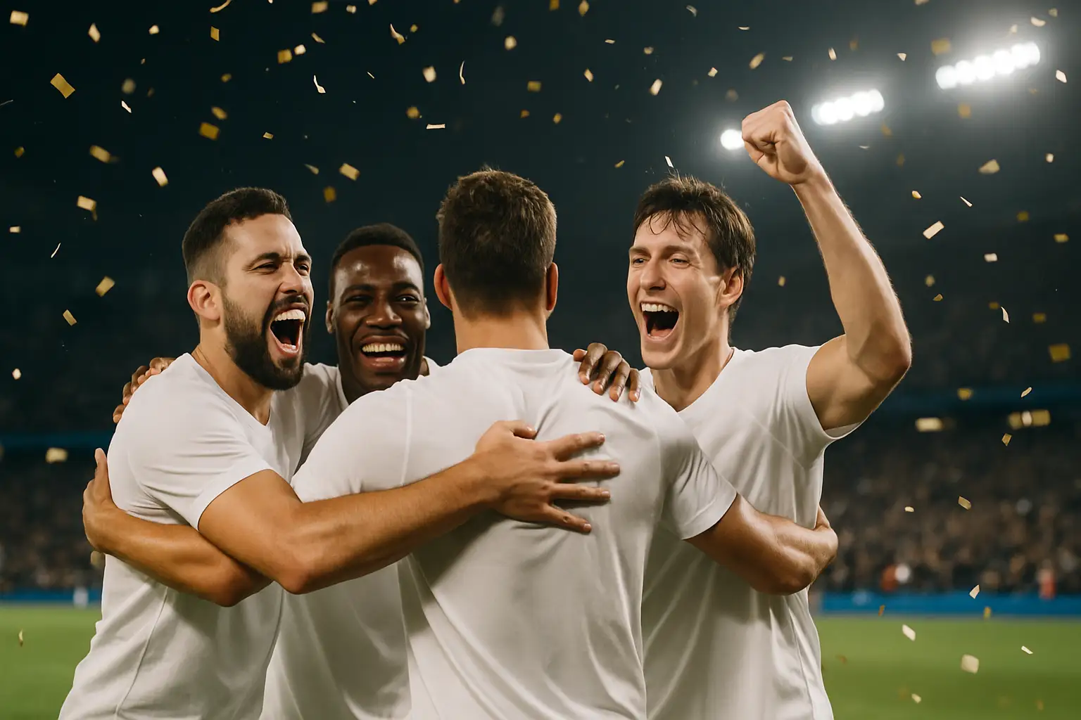 England soccer players celebrating on the pitch after a World Cup knockout victory