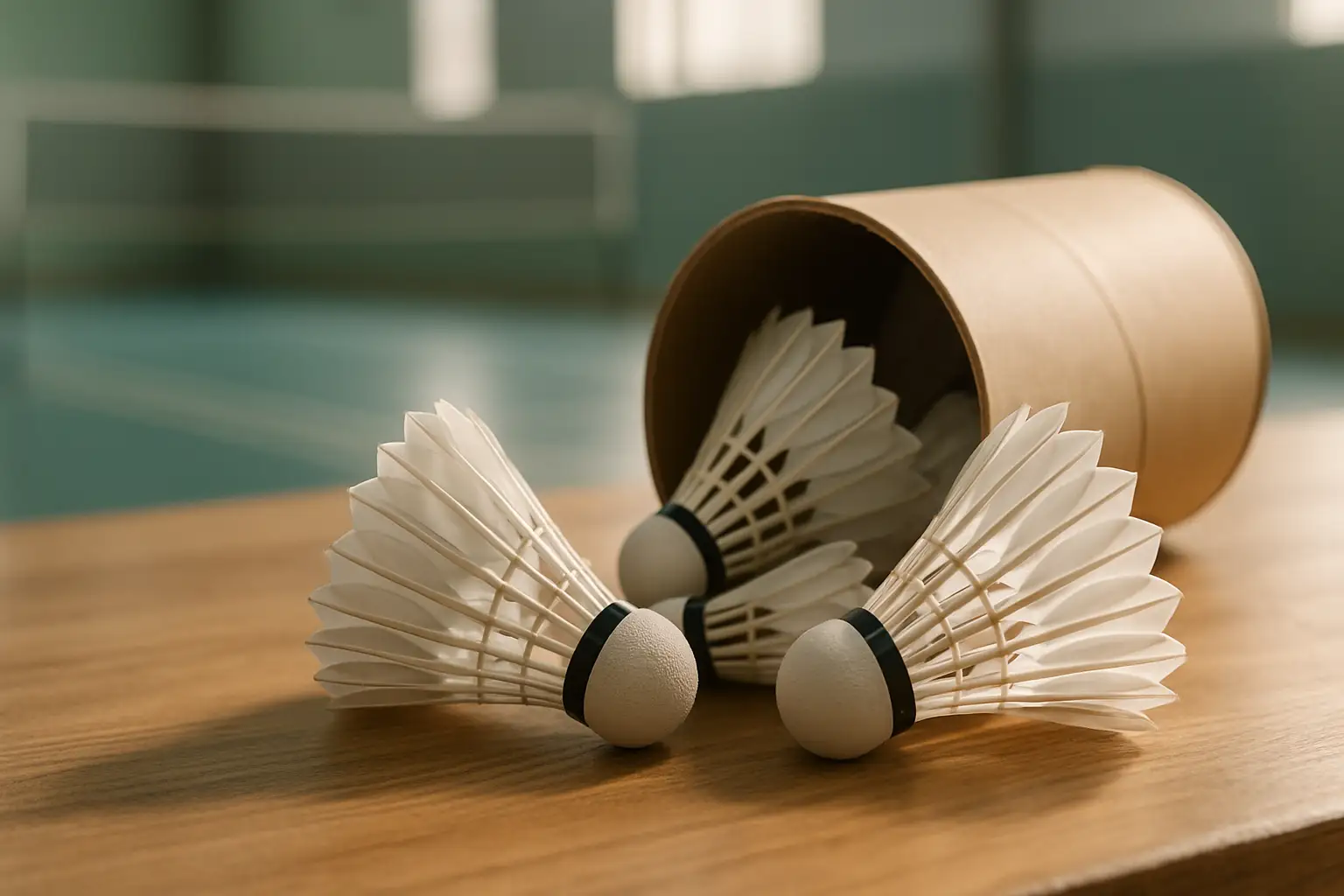 A close-up of feather badminton shuttlecocks in a tube with an empty court in the background