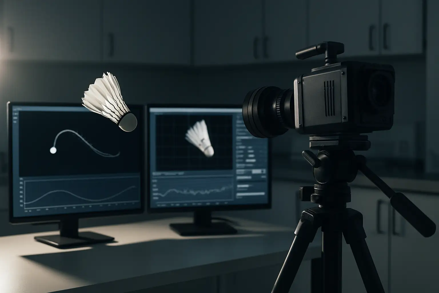 High-speed camera setup pointed at a badminton court with imaging hardware on a laboratory table