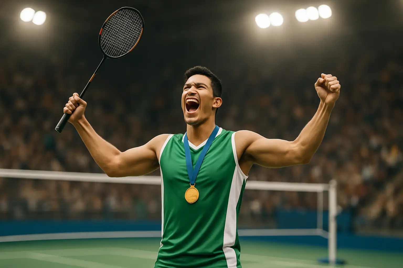Nigerian badminton player celebrating a gold medal win at an international tournament