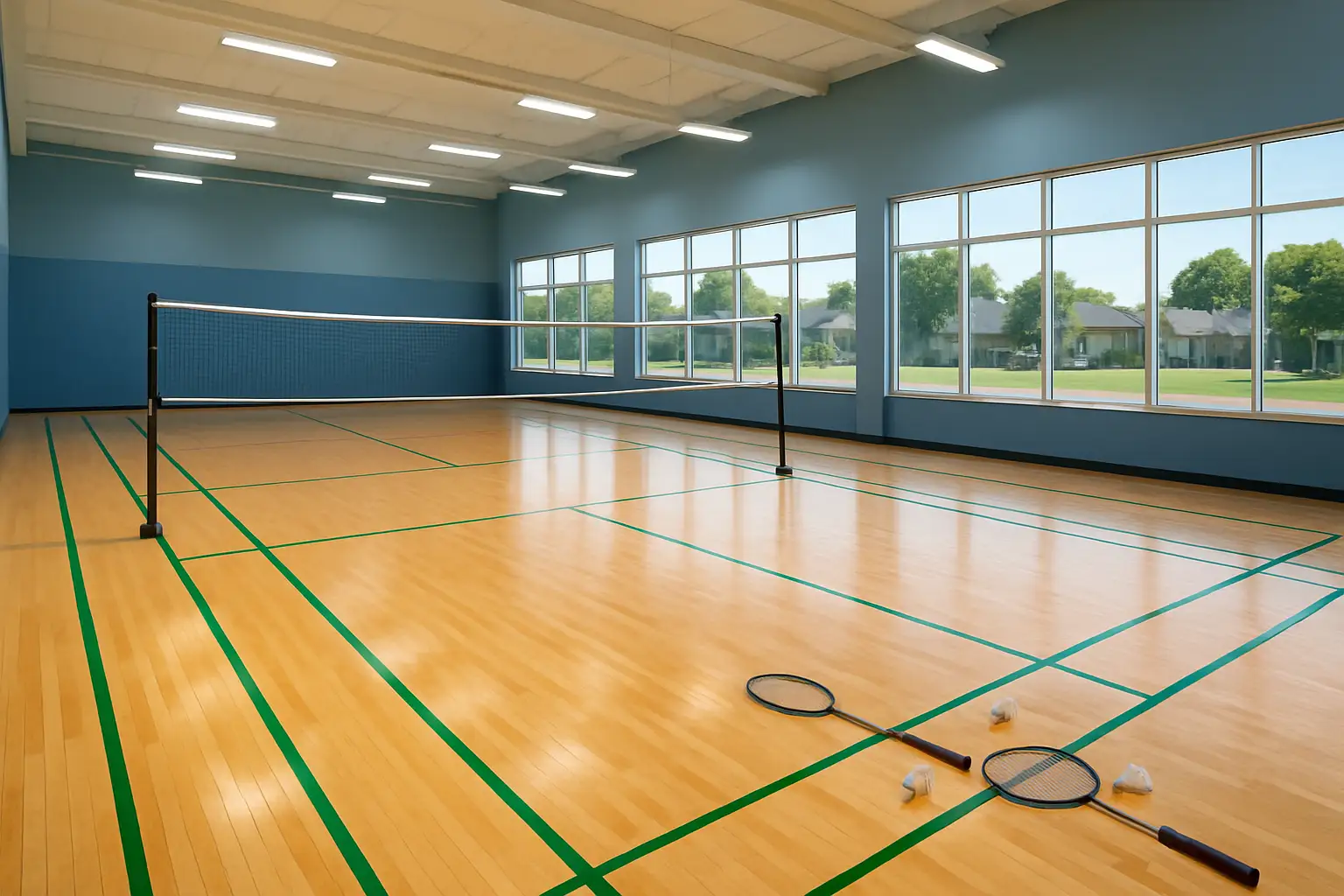 Indoor badminton courts inside a modern suburban sports facility