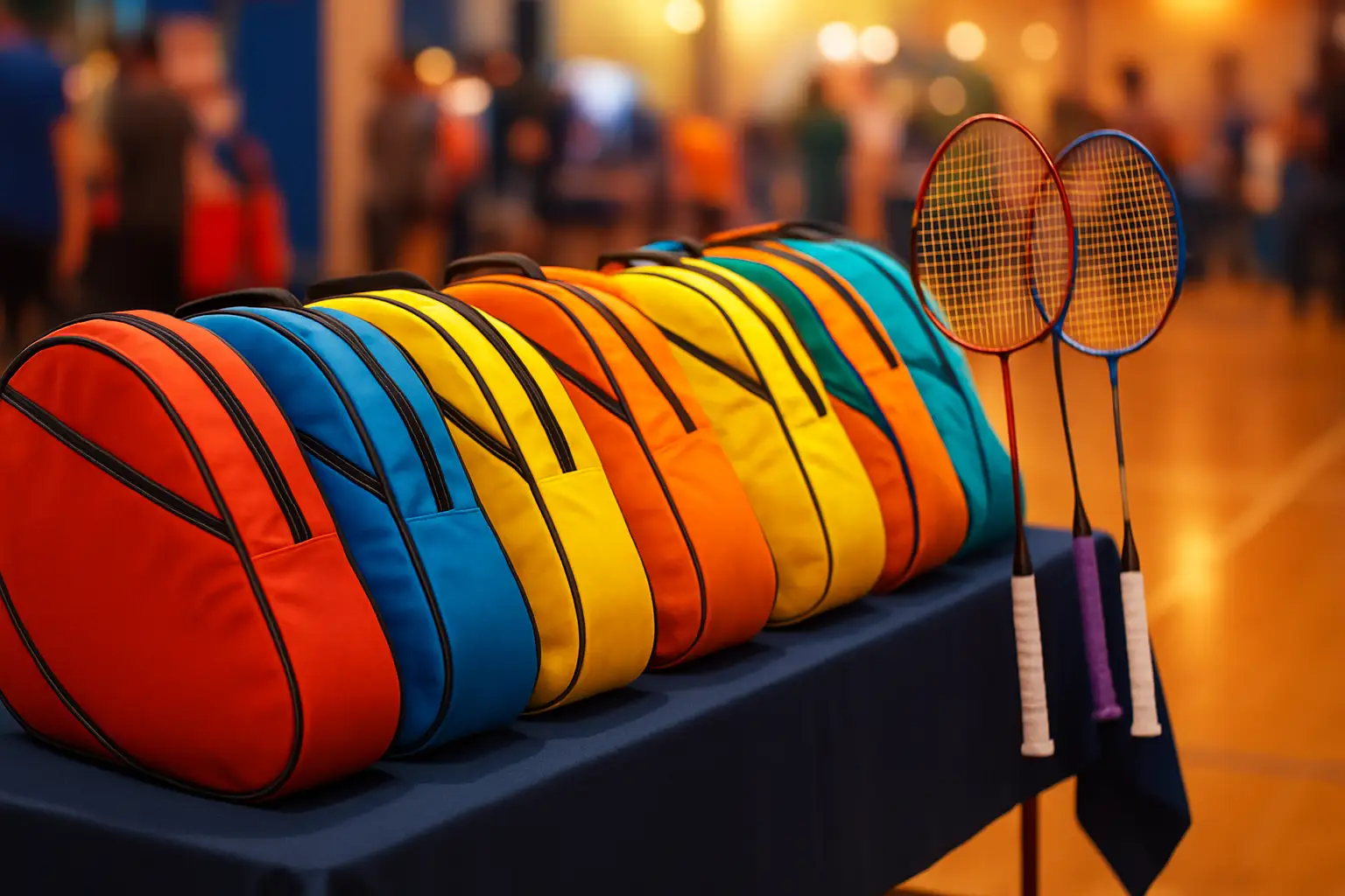 A display of racket sports bags laid out at a sporting event launch in Jamaica