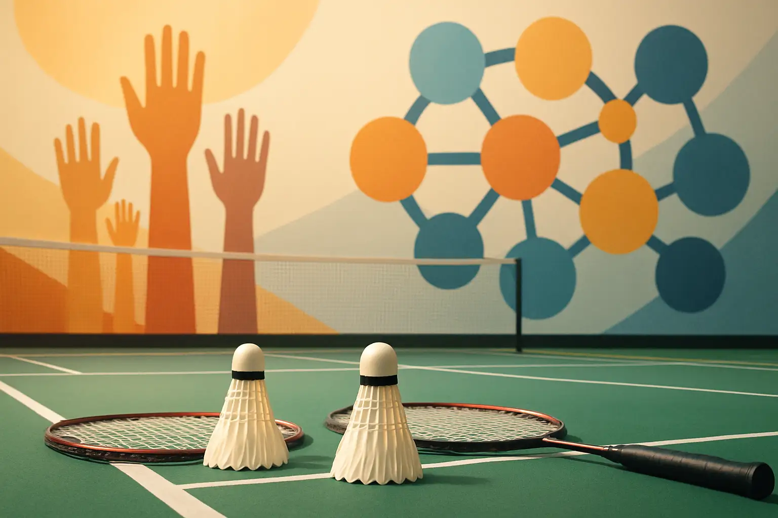 Badminton shuttlecocks and rackets arranged alongside symbolic humanitarian aid icons on a court surface