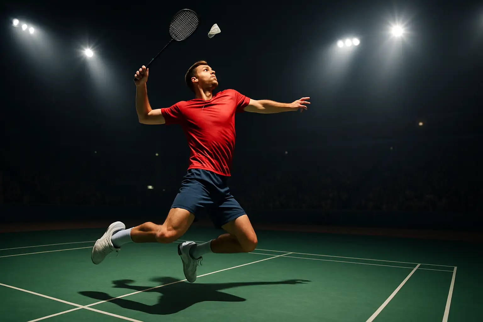 Badminton player mid-smash on a floodlit indoor court during a major championship match