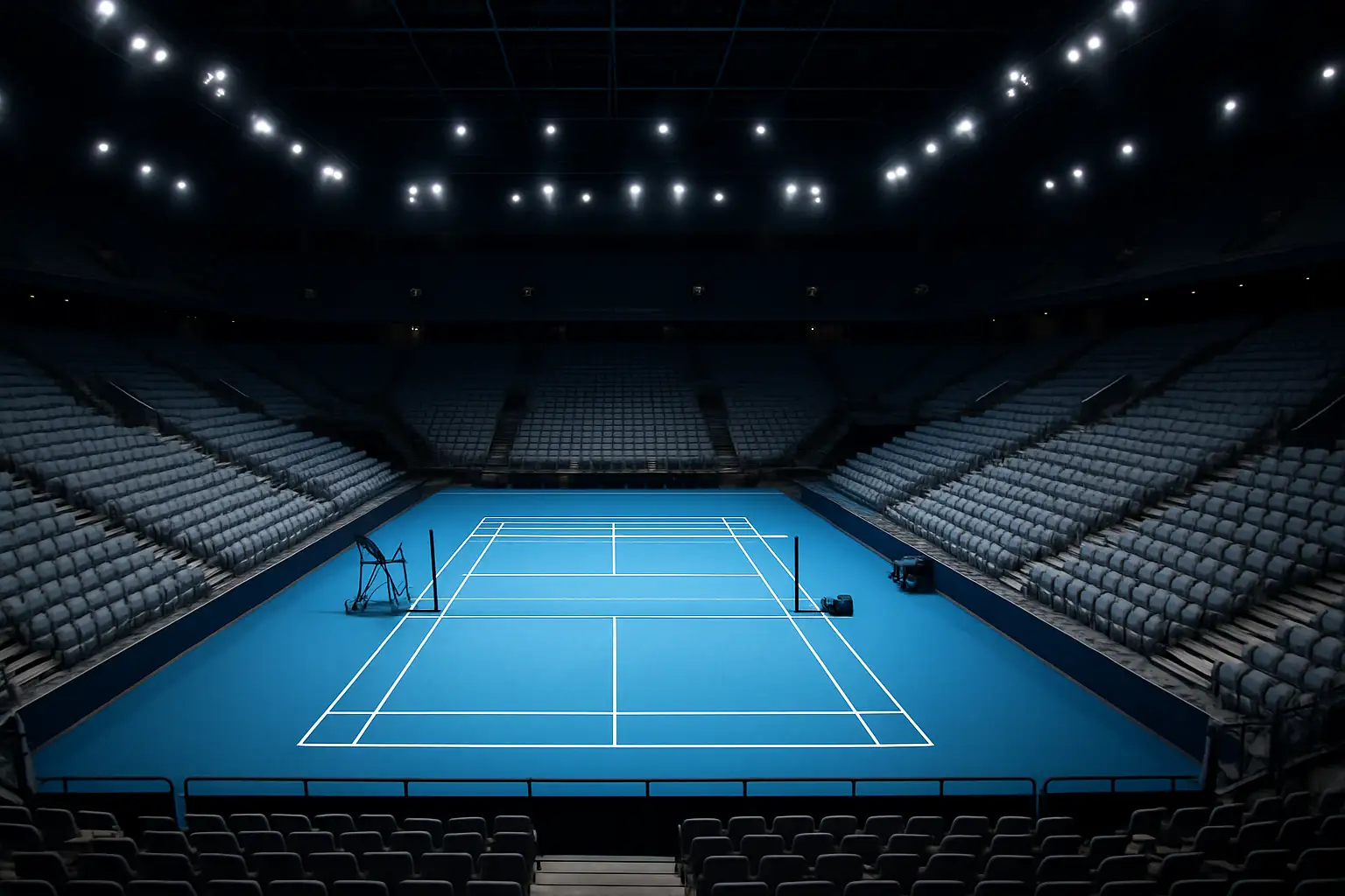 Badminton court prepared for a major international championship with empty seats and court markings visible