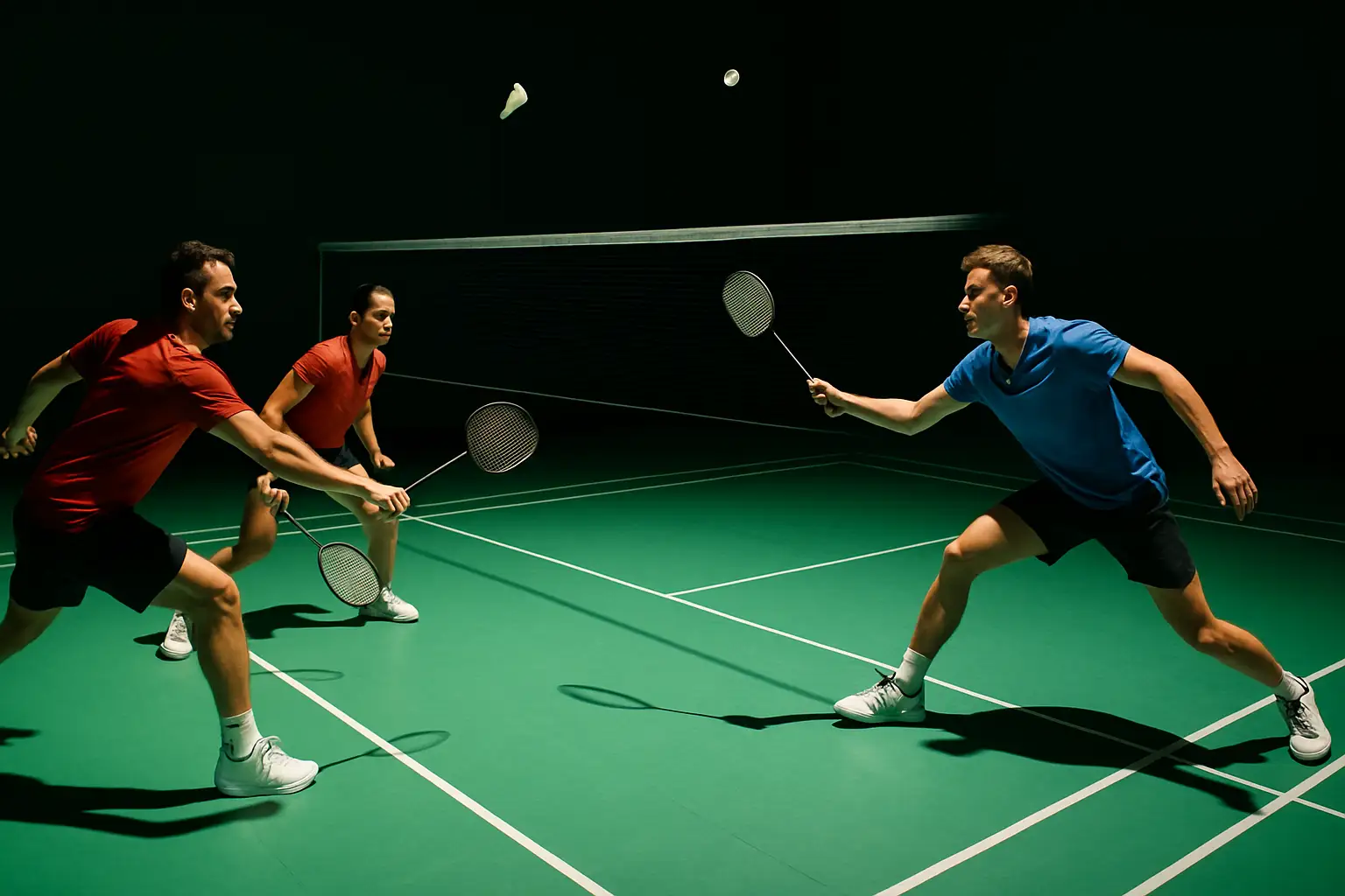 Two pairs of badminton players locked in an intense doubles rally on a floodlit indoor court