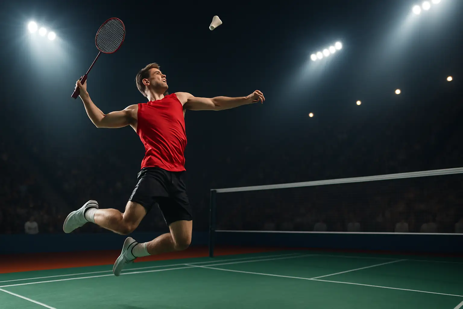 A badminton player mid-smash on an indoor court under bright arena lights during a major tournament