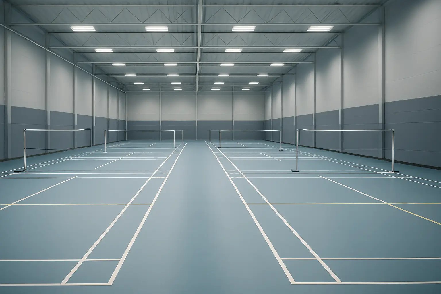 Badminton courts inside a modern indoor sports centre with bright overhead lighting