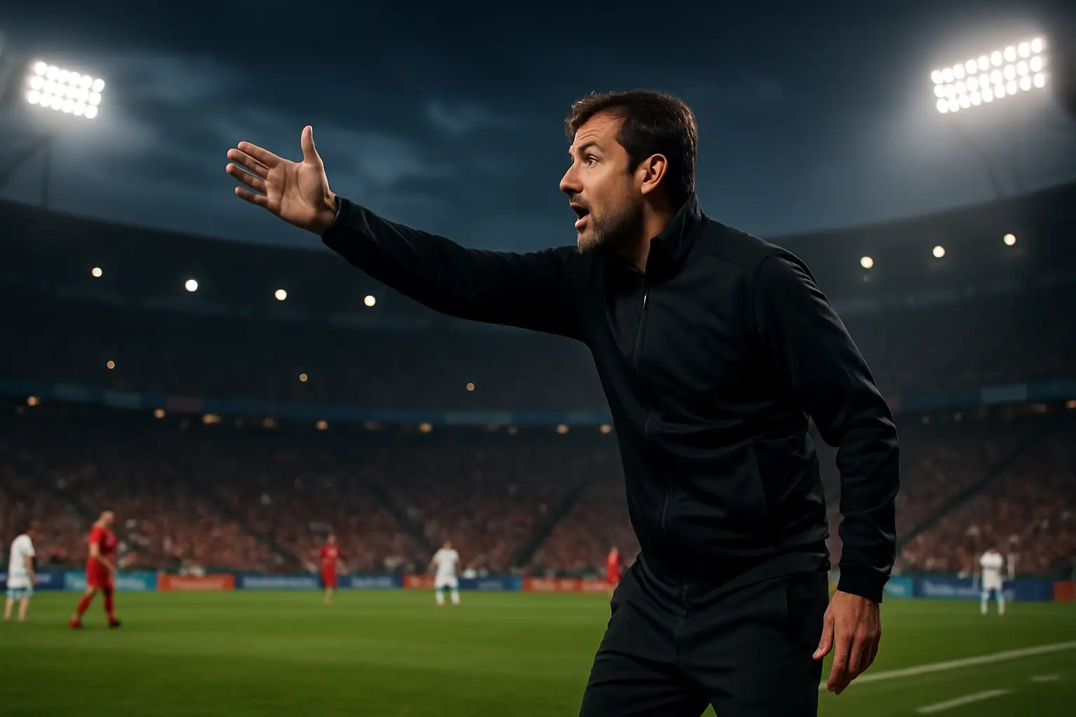 A football coach gestures instructions on the sideline during an international match