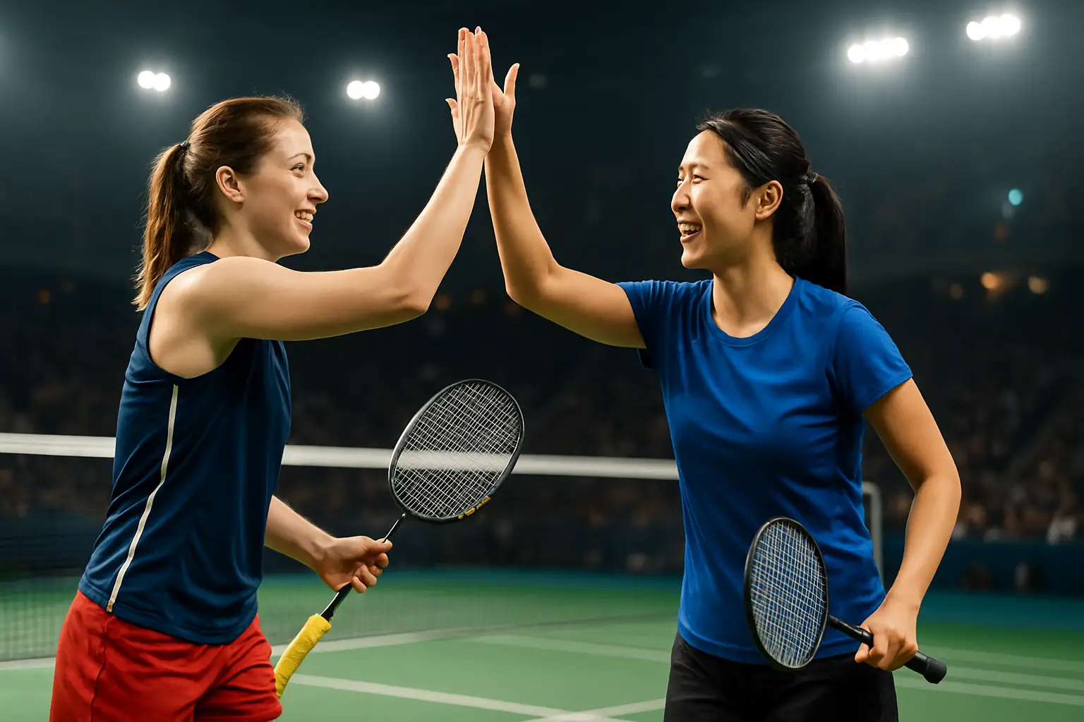 Two female badminton players celebrating on court after winning a doubles match