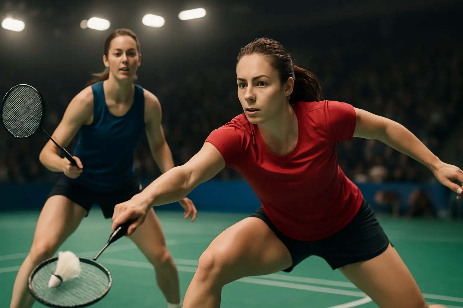 Two female badminton players on a court during a doubles match under bright arena lights