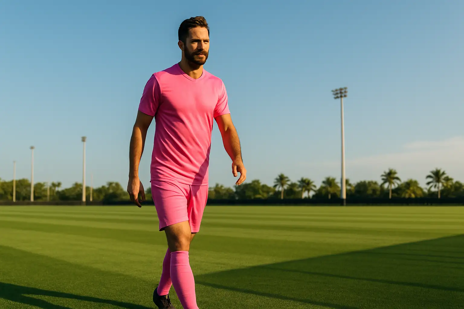 A footballer in a pink Inter Miami kit walking onto a sunlit training pitch with focus and purpose