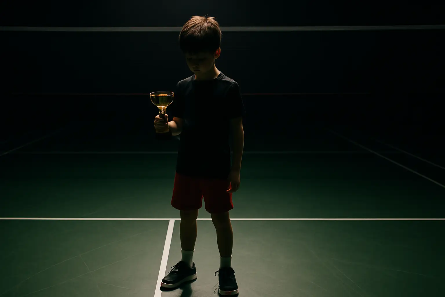 Young badminton player holding a trophy on an indoor court