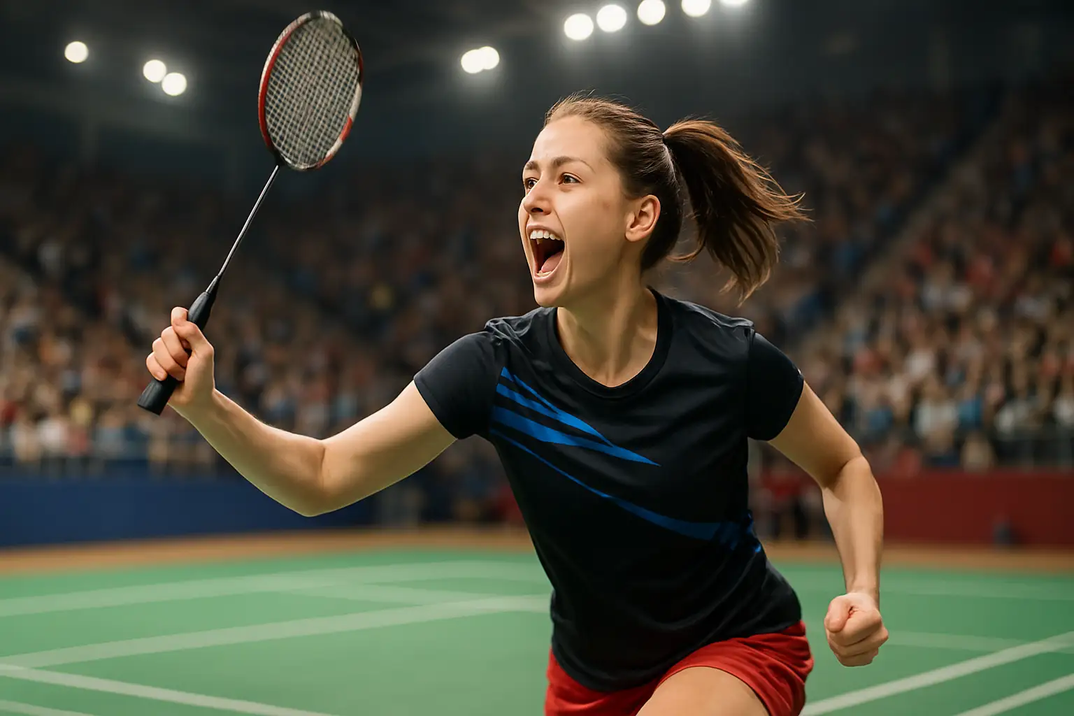 A female badminton player celebrating a point on an indoor court during a state tournament