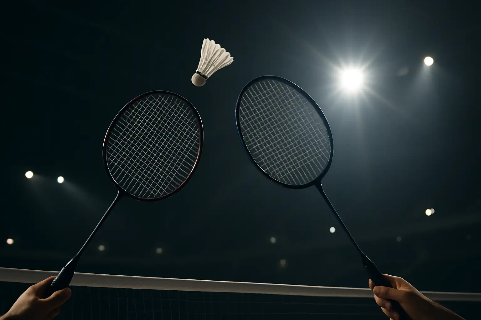 Badminton shuttlecock on a court with rackets from two competing players reaching toward it