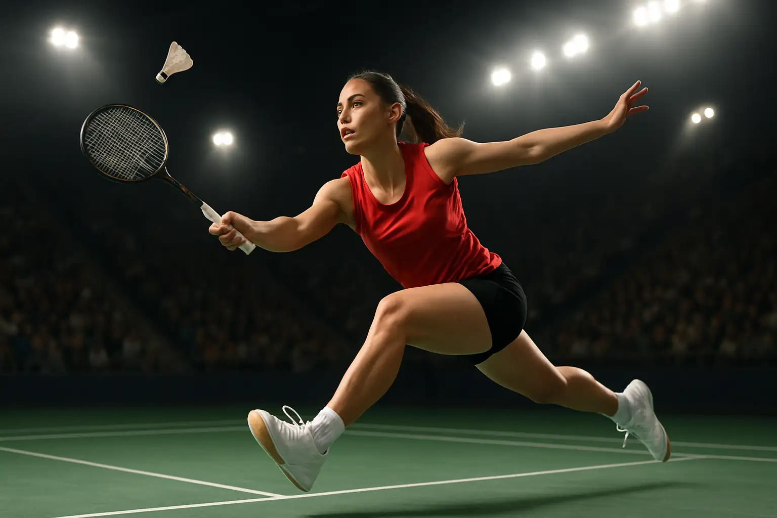 A badminton player mid-swing on an indoor court during a major tournament