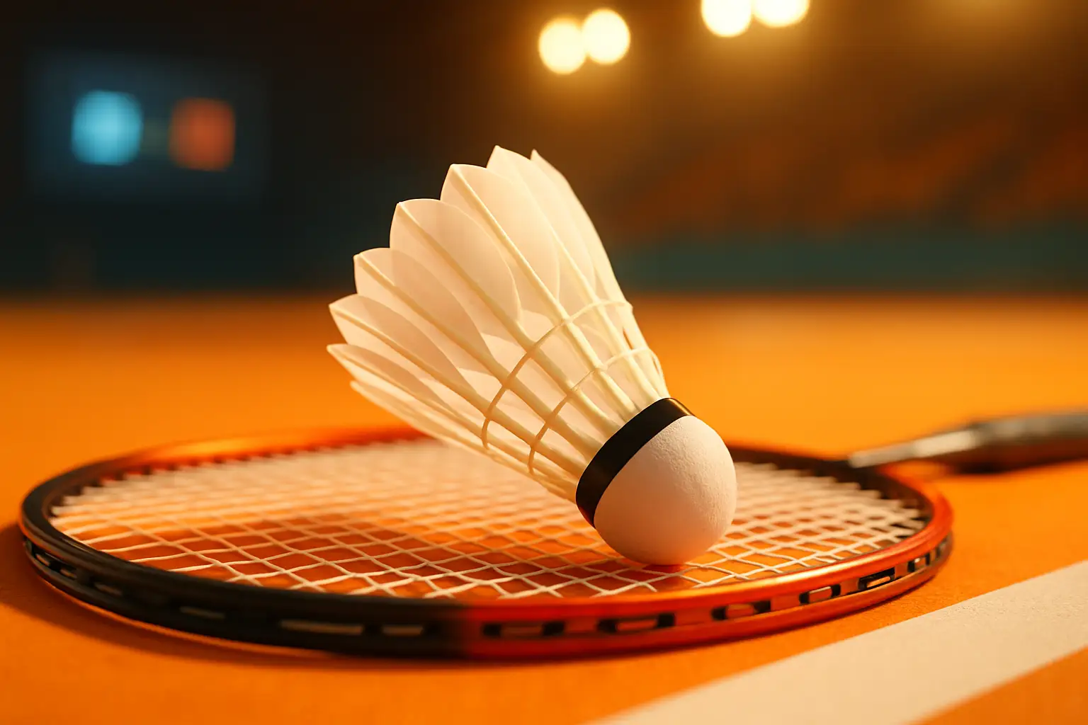 Badminton racket and shuttlecock on a court with Southeast Asian-inspired graphic background