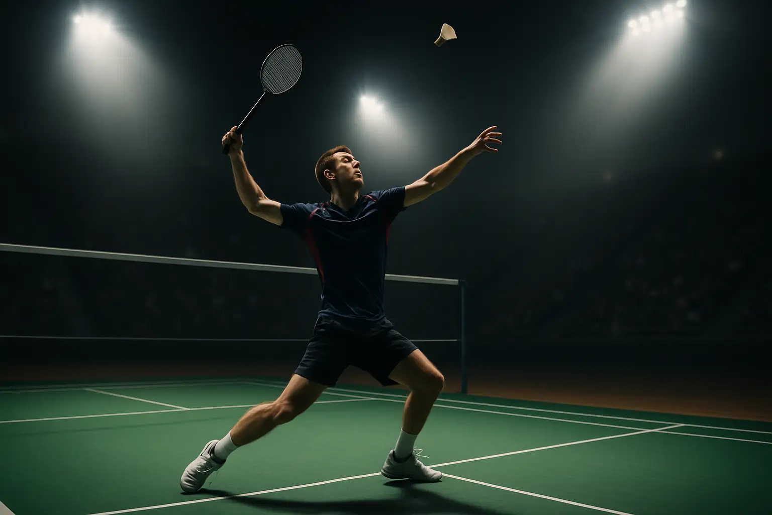 A badminton player mid-smash on an indoor court with bright arena lighting and a packed crowd in the background