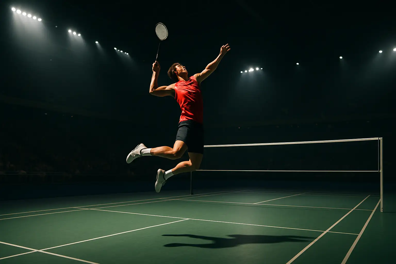 Badminton player leaping to smash a shuttlecock in a packed indoor arena under bright competition lights
