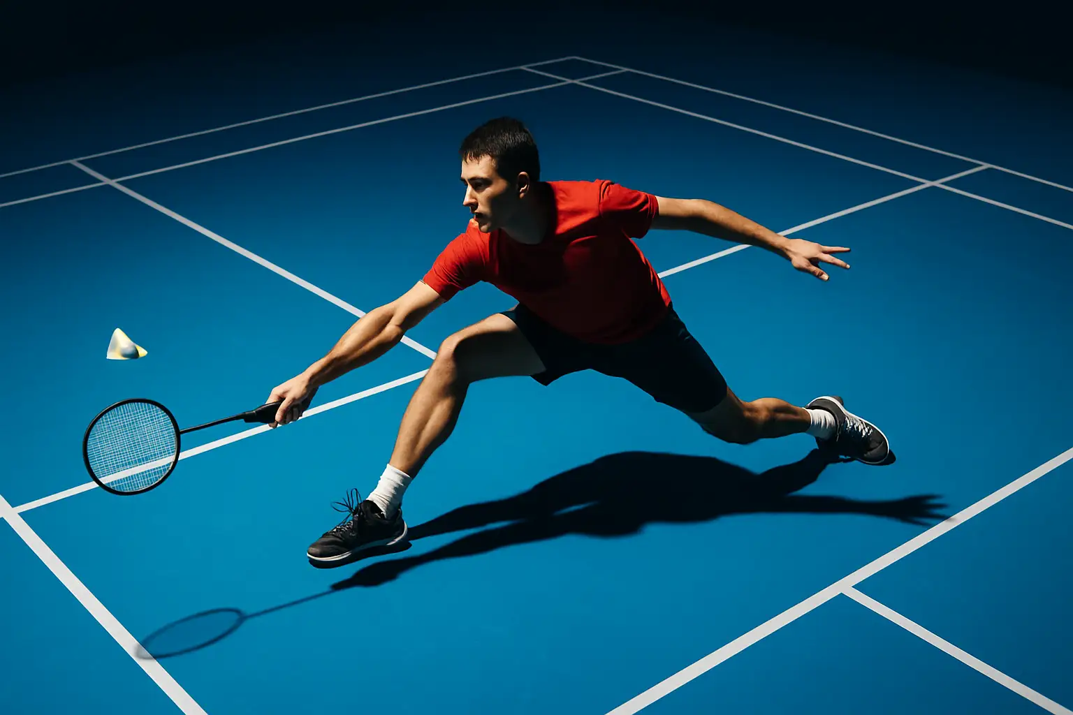 A badminton player in mid-rally on a brightly lit indoor court during a major tournament
