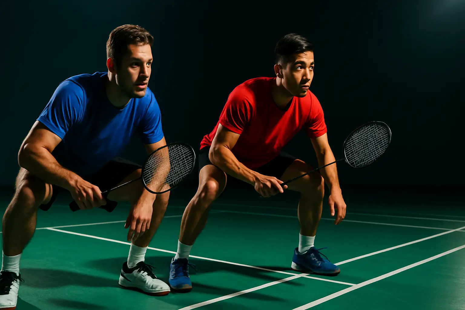 Two male badminton players in match gear preparing to receive a serve on an indoor court