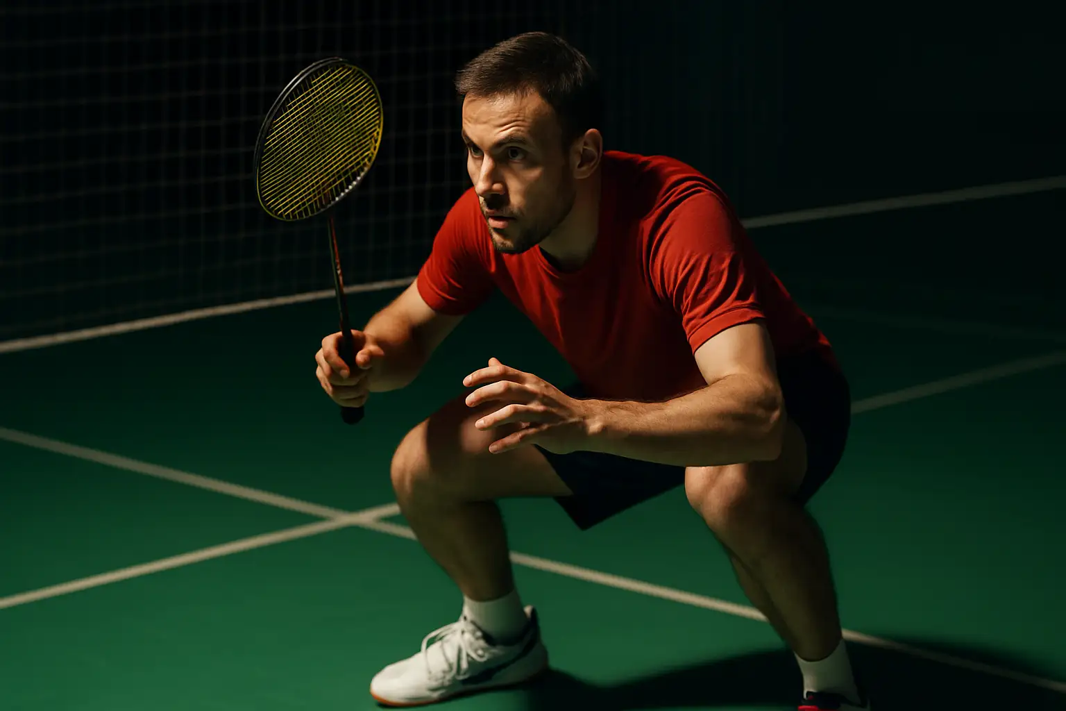 A badminton player in ready position at the net, poised to defend a fast drive shot during a doubles match