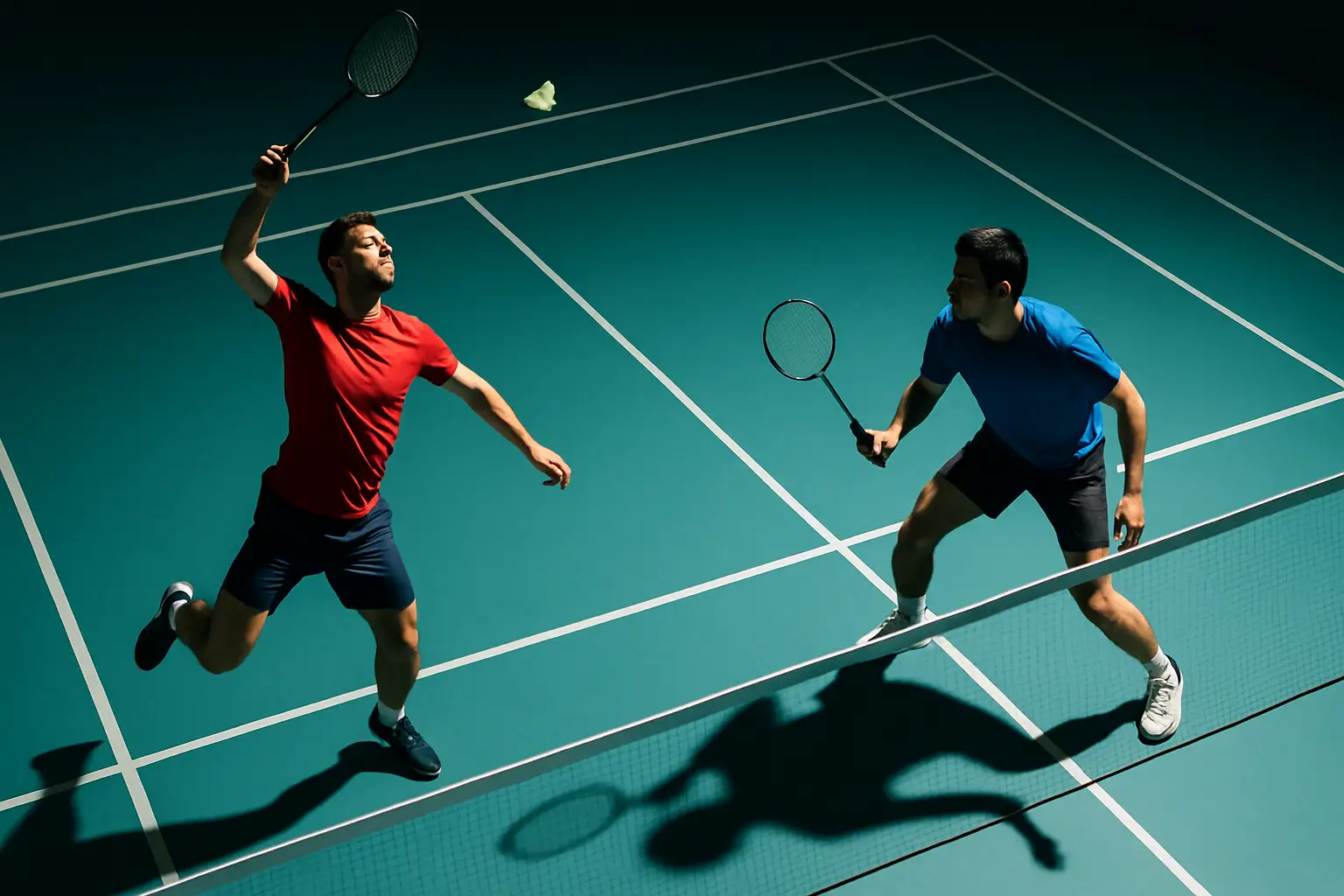 A badminton doubles pair in action on a well-lit indoor court, mid-rally