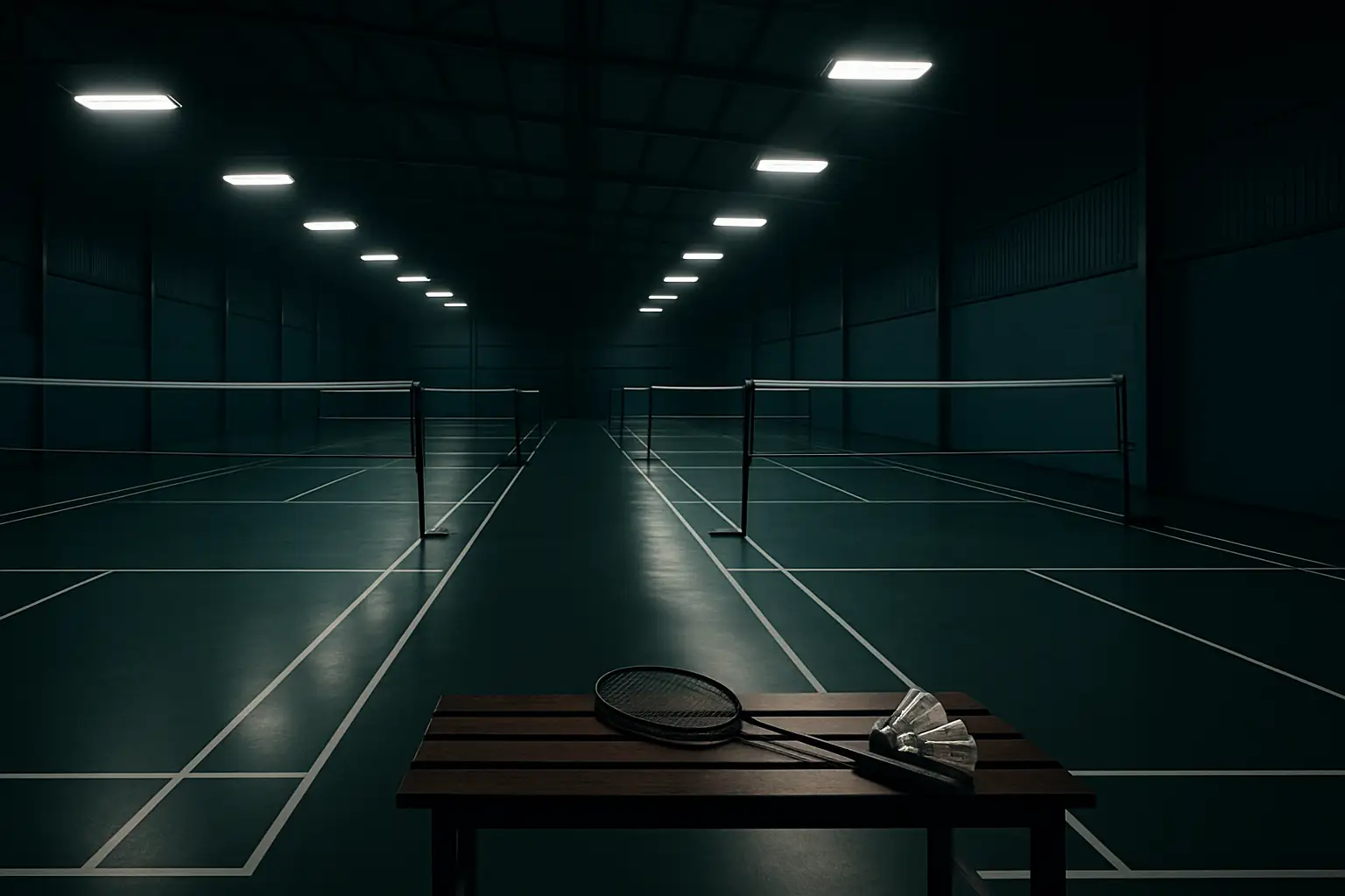 A badminton training hall with empty courts and training equipment, conveying a sense of discipline and high-performance sport