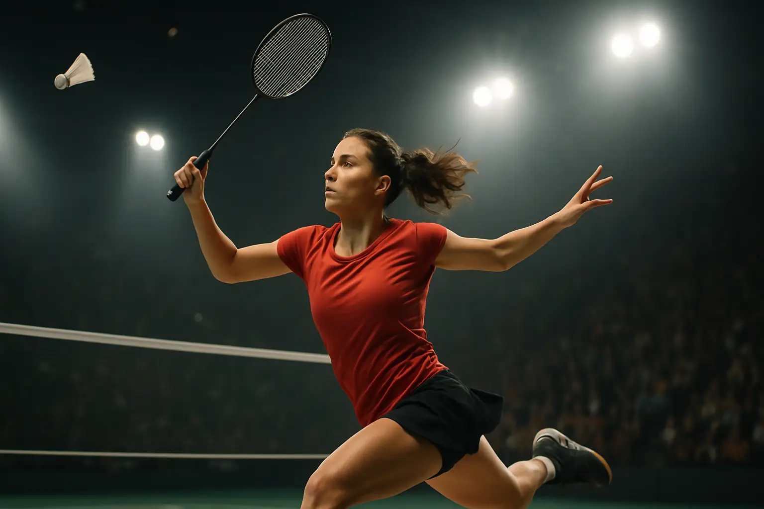 A female badminton player mid-swing on a brightly lit indoor court during a competitive match