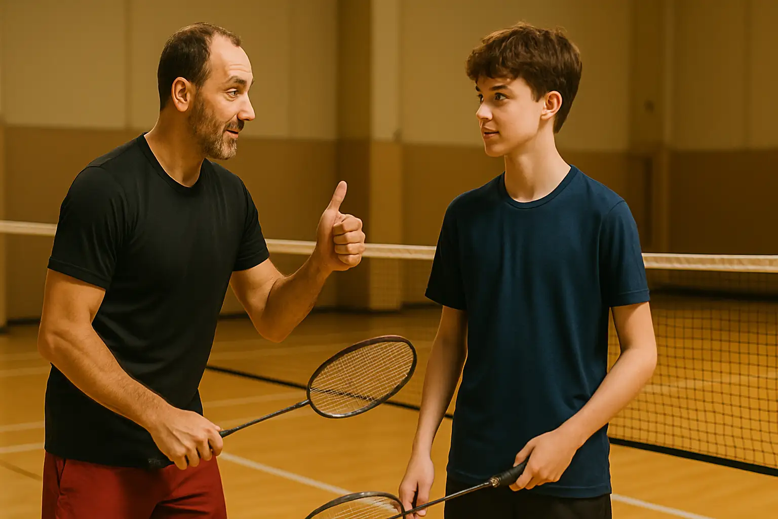 A veteran badminton player mentoring a young shuttler on an indoor court
