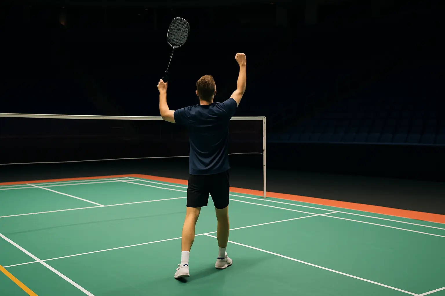 A badminton player celebrating a championship win on a large indoor court