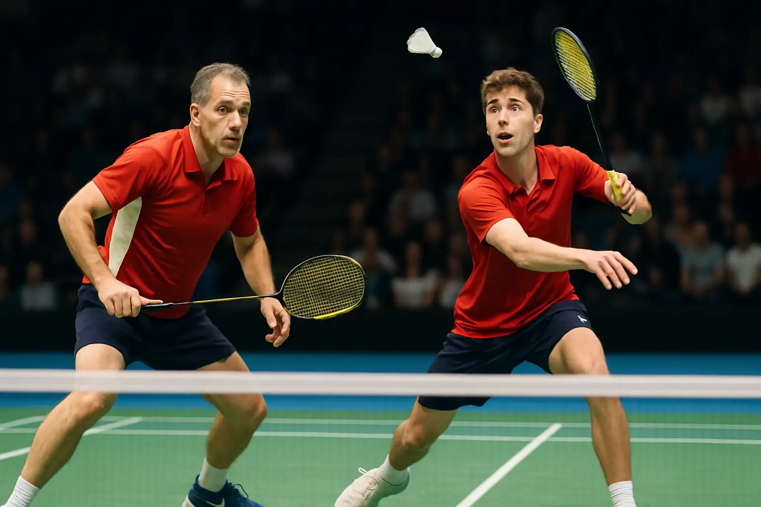 Two badminton players on an indoor court during a doubles match, mid-rally under bright arena lights