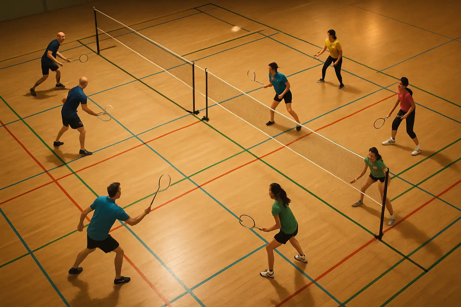 Players on a community badminton court during an evening session