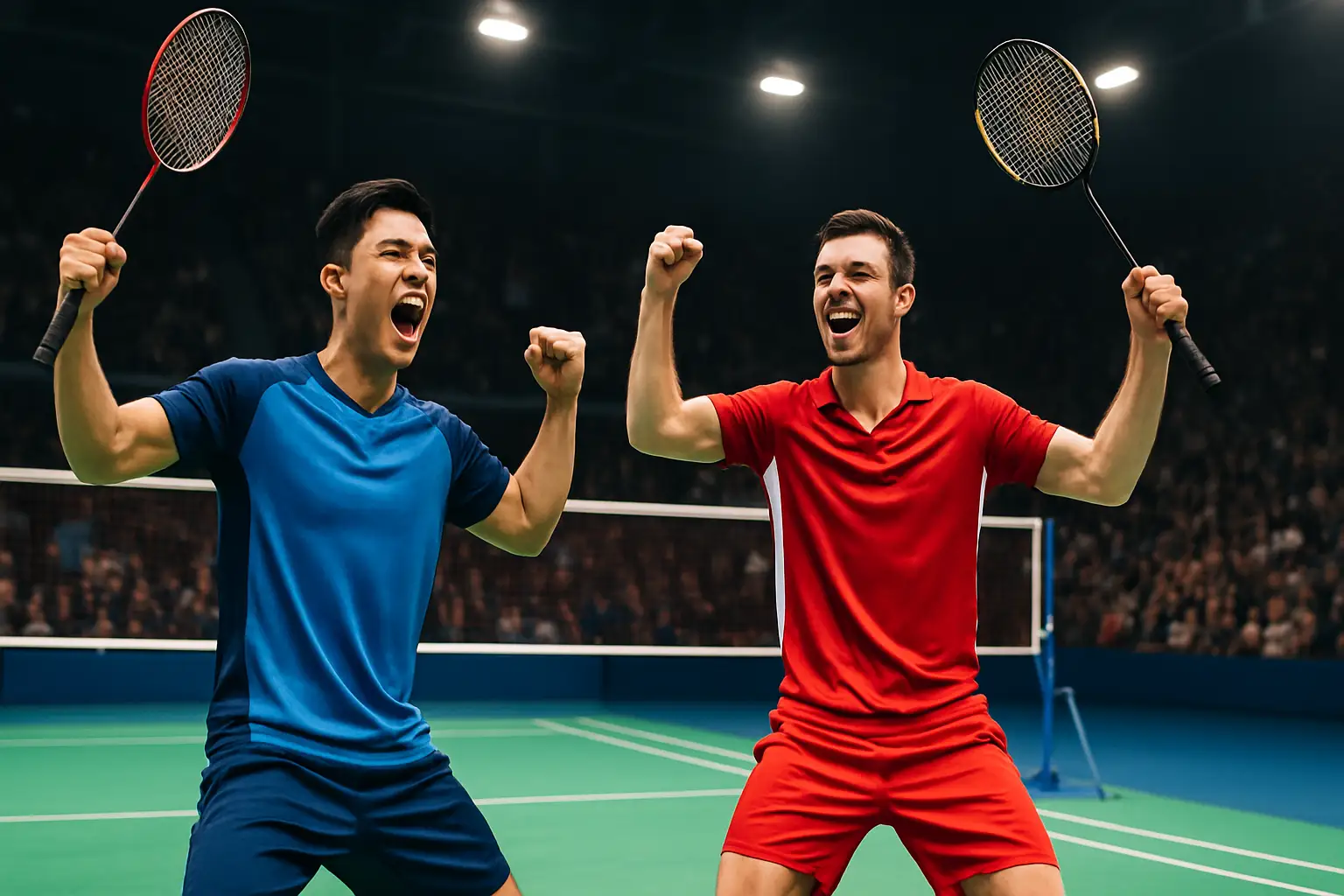 Two badminton players celebrating a doubles win on an indoor court
